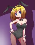  animal_ears ass_visible_through_thighs bangs bare_shoulders black_bow black_hairband black_leotard black_neckwear blonde_hair blue_eyes bow bowtie breasts brown_legwear bunny_ears bunnysuit carol_(pop'n_music) cleavage closed_mouth contrapposto detached_collar fake_animal_ears hairband hand_on_hip hand_on_own_leg legs_apart leotard long_hair looking_at_viewer medium_breasts nollety pantyhose pop'n_music purple_background smile solo standing strapless strapless_leotard wrist_cuffs 