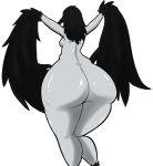 avian beak big_butt bird black_feathers breasts butt corvid crow dark_souls dark_souls_2 feathered_wings feathers female hi_res huge_butt humanoid monochrome ornifex overlordzeon pale_skin rear_view shiny simple_background solo video_games white_background wings 