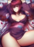  arms_up bangs bed_sheet blush breasts breasts_apart closed_mouth commentary eyebrows_visible_through_hair fate/grand_order fate_(series) floral_print hair_between_eyes hair_intakes hips japanese_clothes kimono large_breasts long_hair long_sleeves lying mallizmora obi on_back petals purple_hair purple_kimono red_eyes red_hair sash scathach_(fate)_(all) scathach_(fate/grand_order) shiny shiny_skin solo sweat thighs very_long_hair wide_sleeves 