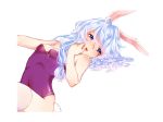  ahoge animal_ears bangs bare_shoulders blue_eyes breasts bunny_ears bunny_tail bunnysuit commentary_request covered_navel dellin01 fake_animal_ears fake_tail highres leotard long_hair looking_at_viewer lying on_back purple_leotard silver_hair simple_background small_breasts solo soul_worker stella_unibell strapless strapless_leotard tail thighhighs white_background white_legwear 
