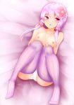  ahoge ass bad_id bad_pixiv_id bangs bed_sheet blush breasts collarbone eyebrows_visible_through_hair flower from_above full_body hair_flower hair_ornament highres knees_together_feet_apart legs_up lying nipples no_shoes on_back panties parted_lips pink_hair purple_eyes red_flower short_hair_with_long_locks sidelocks small_breasts solo thick_thighs thighhighs thighs topless underwear underwear_only vocaloid voiceroid white_panties yusake_san yuzuki_yukari 