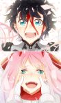  1girl bangs black_hair blood blood_on_face bodysuit couple crying crying_with_eyes_open darling_in_the_franxx gloves green_eyes happy hetero hiro_(darling_in_the_franxx) horns long_hair open_mouth pilot_suit pink_hair red_bodysuit short_hair smile tears temaroppu_(ppp_10cc) zero_two_(darling_in_the_franxx) 
