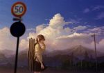  arm_up black_skirt blurry blurry_foreground brown_eyes brown_hair building cloud cloudy_sky cowboy_shot crying crying_with_eyes_open day depth_of_field evening from_side grey_shirt instrument_case long_sleeves miniskirt mocha_(cotton) mountain original outdoors power_lines profile road_sign scenery shirt short_hair sign skirt sky solo standing tears telephone_pole tree village wiping_face 