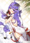  ahoge ass azur_lane back_cutout backless_dress backless_outfit bangs bare_back bed_sheet blush box china_dress chinese_clothes commentary covered_mouth double_bun dress dutch_angle flower_knot gift gift_box gijang hair_ornament holding long_hair looking_at_viewer lying on_stomach purple_eyes purple_hair solo stuffed_alicorn stuffed_animal stuffed_toy tassel thighhighs unicorn_(azur_lane) white_legwear 