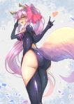  animal_ears ass bow breasts commentary_request fate/grand_order fate_(series) fox_ears fox_shadow_puppet fox_tail glasses hair_bow heart highres large_breasts long_hair looking_at_viewer looking_back ohako_(ohako1818) pink_hair ponytail rectangular_eyewear solo tail tamamo_(assassin)_(fate) tamamo_(fate)_(all) thigh_cutout very_long_hair yellow_eyes 