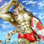  abs anthro areola armpit_hair barazoku biceps bulge clothing feline fur lifeguard male mammal manly muscular navel nipples outside pawpads paws pecs red_eyes solo speedo standing sun swimsuit thick_thighs tiger triceps water weedwolf wet whistle 