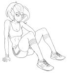  2016 abs anthro bra clothed clothing eye_patch eyewear female fish footwear hair hi_res line_art marine miketheuser monochrome navel shoes shorts simple_background sitting smile solo sports_bra undertale underwear undyne video_games white_background 
