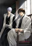  aizen_sousuke black-framed_eyewear bleach brown_hair chair closed_eyes crossed_legs glasses hair_between_eyes haori ichimaru_gin indoors japanese_clothes kedo_mitsuharu male_focus multiple_boys signature silver_hair sitting smile standing sunlight sword taichou_haori weapon window 