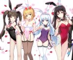  ahoge animal_ears bangs bare_shoulders black_hair black_legwear black_leotard blonde_hair blue_eyes breasts brown_eyes bunny_ears bunny_tail bunnysuit chamchami commentary_request covered_navel detached_collar eyebrows_visible_through_hair fake_animal_ears fake_tail fishnet_legwear fishnet_pantyhose fishnets garter_straps gloves hand_on_hip haru_estia iris_yuma korean_commentary large_breasts leotard lily_bloomerchen lingerie long_hair looking_at_viewer medium_breasts multiple_girls pantyhose pink_leotard purple_leotard red_eyes red_legwear shiny shiny_skin short_hair sidelocks silver_hair simple_background small_breasts smile soul_worker standing stella_unibell strapless strapless_leotard tail thigh_gap thighhighs tiara tied_hair twintails underwear very_long_hair white_background white_gloves white_legwear wrist_cuffs yellow_eyes 