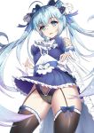  absurdres ahoge blue_eyes blue_hair bridal_gauntlets brooch cowboy_shot eyebrows_visible_through_hair garter_straps hatsune_miku highres jewelry long_hair looking_at_viewer skirt solo thighhighs twintails very_long_hair vocaloid white_background yiyu_qing_mang 