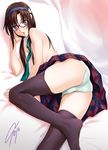  ass blue_eyes blush brown_hair evangelion:_2.0_you_can_(not)_advance glasses hairband legs long_hair makinami_mari_illustrious necktie neon_genesis_evangelion panties plaid plaid_skirt rebuild_of_evangelion skirt solo soyosoyo thighhighs topless underwear 