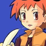  1girl banana blush ears food fruit jacket lowres nintendo nozomi_(pokemon) oekaki orange_eyes orange_hair pokemon saliva short_hair solo tongue tongue_out zoey 