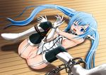  1girl anus bdsm blue_eyes blue_hair blush bondage bound breasts chains collar cuffs female gloves handcuffs highres kugami_annin long_hair nipples nymph nymph_(sora_no_otoshimono) pussy rope small_breasts solo sora_no_otoshimono spread_legs tears thighhighs twintails uncensored 