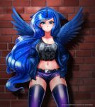  2018 absolute_territory animal_humanoid belt blue_eyes blue_feathers blue_hair brick_wall clothed clothing crop_top denim_shorts digital_media_(artwork) english_text equine equine_humanoid feathered_wings feathers female friendship_is_magic hair hands_in_pockets hoodie horn humanoid jacket legwear long_hair looking_at_viewer mammal midriff my_little_pony navel princess_luna_(mlp) racoon-kun shirt shorts solo spread_wings text wings 