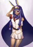  alternate_costume animal_ears bangs belt epaulettes facial_mark fate/grand_order fate_(series) hairband highres long_hair looking_at_viewer nitocris_(fate/grand_order) pleated_skirt purple_eyes purple_hair salute sidelocks skirt smile solo standing uniform very_long_hair ycco_(estrella) 