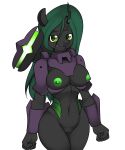  2013 anthro anthrofied armor breasts changeling cybernetics cyborg digital_media_(artwork) fangs female friendship_is_magic green_eyes green_hair hair hi_res horn kloudmutt looking_at_viewer machine my_little_pony navel nipples pussy queen_chrysalis_(mlp) simple_background solo standing white_background 