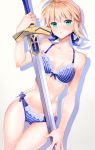  ahoge artoria_pendragon_(all) blonde_hair blue_bow bow bow_bra bow_panties bra breasts excalibur eyebrows_visible_through_hair fate/stay_night fate_(series) green_eyes hair_between_eyes highres holding holding_sword holding_weapon looking_at_viewer medium_breasts panties saber short_hair striped striped_panties sword underwear vertical-striped_bra vertical_stripes weapon ycco_(estrella) 
