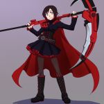  1girl black_dress black_eyes black_hair boots breasts cape cloak corset crescent_rose dress frilled_dress frills full_body hood hooded_cloak medium_breasts red_cape red_hair ruby_rose rwby scythe short_hair silver_eyes smile solo standing thighhighs 