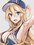  1girl ahoge anchor_necklace arm_up armpits bangs bare_shoulders bikini blonde_hair blue_bikini blue_eyes blue_hat blush breasts cleavage commentary_request english eyebrows eyebrows_visible_through_hair hair_between_eyes hair_ornament hat iowa_(kantai_collection) jewelry kantai_collection large_breasts long_hair looking_at_viewer necklace open_mouth simple_background smile solo star star-shaped_pupils star_hair_ornament striped striped_bikini swimsuit symbol-shaped_pupils 