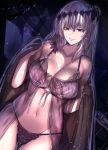  babydoll bangs bikini breasts cafe_au_lait_(kafeore) cleavage closed_mouth collarbone commentary_request dark_jeanne dutch_angle feathers flower frilled_bikini frills granblue_fantasy grey_hair groin hair_feathers hair_flower hair_ornament jeanne_d'arc_(granblue_fantasy) large_breasts long_hair looking_at_viewer navel red_eyes see-through smile solo standing swimsuit 