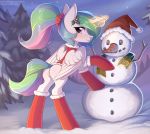  2017 absurd_res anus blush butt christmas digital_media_(artwork) equine feathered_wings feathers female fensu-san feral friendship_is_magic hair hat hi_res holidays horn looking_at_viewer mammal multicolored_hair my_little_pony outside princess_celestia_(mlp) pussy santa_hat snowman solo tree winged_unicorn wings 