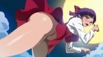  bangs bare_legs blunt_bangs blurry blush bow breasts cloud depth_of_field dress embarrassed from_below full_moon gegege_no_kitarou highres long_sleeves looking_at_viewer makoto_osamu medium_breasts moon nekomusume nekomusume_(gegege_no_kitarou_6) night no_panties open_mouth paw_pose pointy_ears purple_hair red_bow red_dress shirt short_dress sky sweatdrop thick_thighs thighhighs thighs upskirt white_shirt wide_hips yellow_eyes 