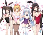  ahoge animal_ears bangs bare_shoulders black_hair black_legwear black_leotard blonde_hair blue_eyes blush breasts brown_eyes bunny_ears bunny_tail bunnysuit chamchami covered_navel crotchless_clothes detached_collar eyebrows_visible_through_hair fake_animal_ears fake_tail fishnet_legwear fishnet_pantyhose fishnets garter_straps gloves hand_on_hip haru_estia heart heart-shaped_pupils iris_yuma large_breasts leotard lily_bloomerchen lingerie long_hair looking_at_viewer medium_breasts multiple_girls nipples pantyhose pink_leotard purple_leotard pussy red_eyes red_legwear shiny shiny_skin short_hair sidelocks silver_hair simple_background small_breasts smile soul_worker standing stella_unibell strapless strapless_leotard symbol-shaped_pupils tail thigh_gap thighhighs tiara tied_hair twintails underwear very_long_hair white_background white_gloves white_legwear wrist_cuffs yellow_eyes 
