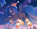  anus butt christmas digital_media_(artwork) equine feathered_wings feathers female fensu-san feral flying friendship_is_magic hair hat hi_res holidays horn long_hair looking_at_viewer mammal my_little_pony outside princess_luna_(mlp) pussy santa_hat smile solo winged_unicorn wings 