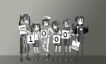  adrian_ferrer androgynous ayanami_(kantai_collection) boots cleavage_cutout closed_eyes commentary detached_sleeves dress english_commentary female_admiral_(kantai_collection) flat_chest followers fubuki_(kantai_collection) glasses greyscale hair_ribbon hair_tie hand_on_hip hat heart_cutout holding holding_sign horns isolated_island_hime kantai_collection low_ponytail magatama military_hat monochrome open_mouth pantyhose pelvic_curtain pleated_skirt remodel_(kantai_collection) ribbon ryuujou_(kantai_collection) school_uniform serafuku shinkaisei-kan side_ponytail sign skirt smile suspenders tanaka_setsuko tone_(kantai_collection) twintails visor_cap 