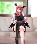  black_legwear black_panties black_wings breasts closed_mouth collared_shirt commentary_request couch crotch_seam glasses head_tilt head_wings highres indoors juliet_sleeves koakuma large_breasts leg_lift light_smile long_sleeves looking_at_viewer necktie no_shoes panties pantyhose pantyhose_pull pantyshot pantyshot_(sitting) pillow pointy_ears puffy_sleeves red-framed_eyewear red_eyes red_hair red_neckwear semi-rimless_eyewear shirt sitting solo touhou under-rim_eyewear underwear vest wing_collar wings yumi_(careca398) 