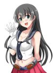  :d agano_(kantai_collection) aqua_eyes bangs black_hair breasts cleavage collarbone gloves highres kantai_collection long_hair looking_at_viewer navel open_mouth pleated_skirt school_uniform serafuku simple_background skirt smile solo the-sinner waving white_background white_gloves 