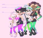  3d_rod! 4girls aori_(splatoon) bare_shoulders boots breasts cephalopod_eyes character_name cleavage closed_eyes commentary dark_skin detached_collar earrings fangs fingerless_gloves gloves headphones height_chart height_difference highres hime_(splatoon) hotaru_(splatoon) iida_(splatoon) jewelry mole mole_under_eye mole_under_mouth multiple_girls open_mouth pantyhose pointy_ears smile splatoon_(series) splatoon_2 symbol-shaped_pupils tentacle_hair tentacles white_gloves zipper zipper_pull_tab 