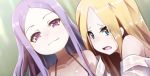  :3 abigail_williams_(fate/grand_order) bangs bare_shoulders blonde_hair blue_eyes blurry blurry_background blush breasts closed_mouth collarbone depth_of_field dutch_angle fate/grand_order fate_(series) forehead highres looking_at_viewer multiple_girls off_shoulder open_mouth parted_bangs protected_link purple_eyes purple_hair shirt small_breasts smile wada_kazu wavy_mouth white_shirt wu_zetian_(fate/grand_order) 