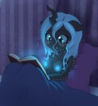  2018 animated anthro areola bed bedding bedroom blanket blue_areola blue_hair book breasts changeling cute cute_fangs dark equine erect_nipples evomanaphy eyebrows eyelashes eyeshadow fan_character fangs female floppy_ears freckles glowing glowing_nipples hair inside long_hair makeup mammal my_little_pony nipples nude on_bed pillow reading shadow sitting smile solo teal_eyes 