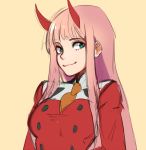  azuumori blush breasts closed_mouth darling_in_the_franxx eyebrows_visible_through_hair green_eyes highres horns large_breasts long_hair looking_at_viewer military military_uniform pink_hair simple_background sketch smile solo uniform upper_body yellow_background zero_two_(darling_in_the_franxx) 