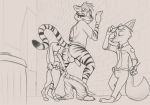  against_wall anthro anus assisted_exposure balls bulge canine disney feline female fox judy_hopps lagomorph male mammal monochrome nick_wilde penis rabbit s1m strip_search tiger ty_hanson zootopia 