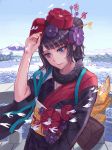  black_hair blue_eyes blue_sky boat commentary_request fate/grand_order fate_(series) hair_ornament highres japanese_clothes kafkasea katsushika_hokusai_(fate/grand_order) kimono mountain obi sash sky tree watercraft waves 