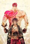  age_difference blood charlotte_katakuri fangs grabbing injury monkey_d_luffy multiple_boys muscle one_piece scar serious short_hair simple_background smile standing tattoo 