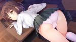  amakusa_tobari ass brown_hair cameltoe classroom looking_at_viewer looking_back omokage_~ecchi_na_happening!?_nandemo_dontokoi!~ panties pink_panties school_uniform short_hair solo underwear yellow_eyes 