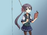  adrian_ferrer akebono_(kantai_collection) black_eyes book cowboy_shot fishing_rod flower gradient gradient_background hair_flower hair_ornament kantai_collection long_hair pleated_skirt purple_hair side_ponytail skirt solo thighhighs 