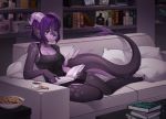  2018 5_fingers anthro barefoot book breasts camisole clothed clothing cookie digital_media_(artwork) dragon female food hair iwbitu purple_eyes purple_hair reading smile solo yubi_clearsky 