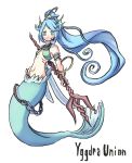  1girl 4139 blue_hair female gills head_fins mermaid monster_girl navel ponytail simple_background solo trident undine_(yggdra_union) white_background yggdra_union 