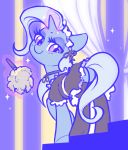  2018 blue_hair blush butt celebi-yoshi clothing curtains cute equine eyelashes feather_duster female feral friendship_is_magic hair hi_res hooves horn inside legwear levitation looking_at_view looking_back magic maid_uniform makeup mammal mascara my_little_pony portrait purple_eyes rear_view smile solo sparkles stairs standing stockings thigh_highs trixie_(mlp) underhoof unicorn uniform 