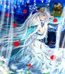  anastasia_(fate/grand_order) armchair bangs blue_cloak blue_eyes brown_hair chair cloak commentary_request crown dress eyebrows_visible_through_hair fate/grand_order fate_(series) fingernails flower hair_ornament hairband head_rest highres leaf leaf_hair_ornament long_hair looking_away looking_to_the_side mini_crown parted_lips petals red_flower red_rose rose rose_petals royal_robe sidelocks silver_hair smile solo swordsouls transparent very_long_hair white_dress yellow_hairband 