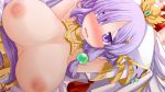  1girl areolae armpits arms_up bare_shoulders blush breasts breasts_outside crown detached_sleeves embarrassed game_cg hair_over_one_eye highres kouyuu_bunkyo large_breasts long_hair looking_at_viewer lying nipples nose_blush open_mouth purple_eyes purple_hair sangoku_hime sangoku_hime_3 solo unicorn-a upper_body wavy_mouth 