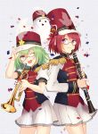  ;d bad_id bad_pixiv_id band_uniform braid chocolate_cosmos_(flower_knight_girl) clarinet confetti epaulettes flower_knight_girl food_themed_hair_ornament ghost glasses green_hair hair_ornament hat instrument knenj looking_at_viewer multiple_girls one_eye_closed open_mouth pepo_(flower_knight_girl) pumpkin_hair_ornament purple_eyes red_hair shako_cap short_hair simple_background skirt smile trumpet white_skirt 