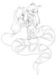  2girls breasts camel_(dansen) female hair_over_one_eye lamia long_hair monochrome monster_girl multiple_girls original 