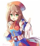  android bangs belt beret blush breasts brown_hair capcom clenched_hand dress eyebrows_visible_through_hair gloves green_eyes hair_between_eyes hat iris_(rockman_x) long_hair looking_at_viewer looking_to_the_side medium_breasts open_mouth outstretched_arm reaching_out red_hat rento_(rukeai) rockman rockman_x rockman_x4 smile solo teeth white_gloves 