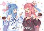 :d :o abstract_background bangs bare_shoulders blue_flower blue_hair blue_ribbon blue_rose blunt_bangs blush breasts closed_eyes detached_sleeves doonatsu. dress eyebrows_visible_through_hair feeding flower food fork hair_ribbon hair_tie happy_birthday highres holding holding_fork holding_plate kotonoha_akane kotonoha_aoi long_hair long_sleeves multiple_girls open_mouth plate pudding red_flower red_hair red_ribbon red_rose ribbon rose shiny shiny_hair sidelocks small_breasts smile straight_hair triangle upper_body very_long_hair voiceroid white_dress 