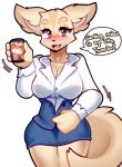  2018 aggressive_retsuko anthro breasts canine cellphone clothed clothing dialogue digital_media_(artwork) english_text female fennec fenneko fox hi_res holding_object holding_phone looking_at_viewer mammal open_mouth phone raikissu sanrio simple_background solo text white_background 
